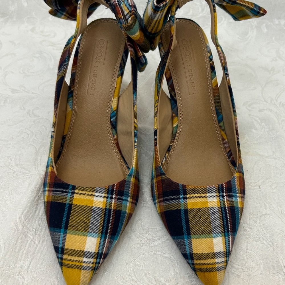 asos Plaid Slingback Pumps with Bow on heel szUK4/US6 Yellow Multi color - Picture 7 of 8